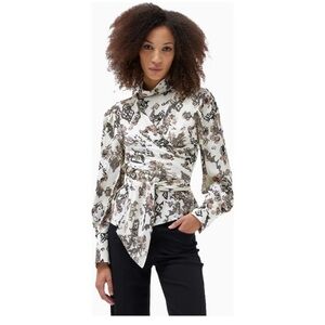IRO Paris Sakari Top Mock Neck Double Wrapped Waist Blouse Abstract Cream Sz 6